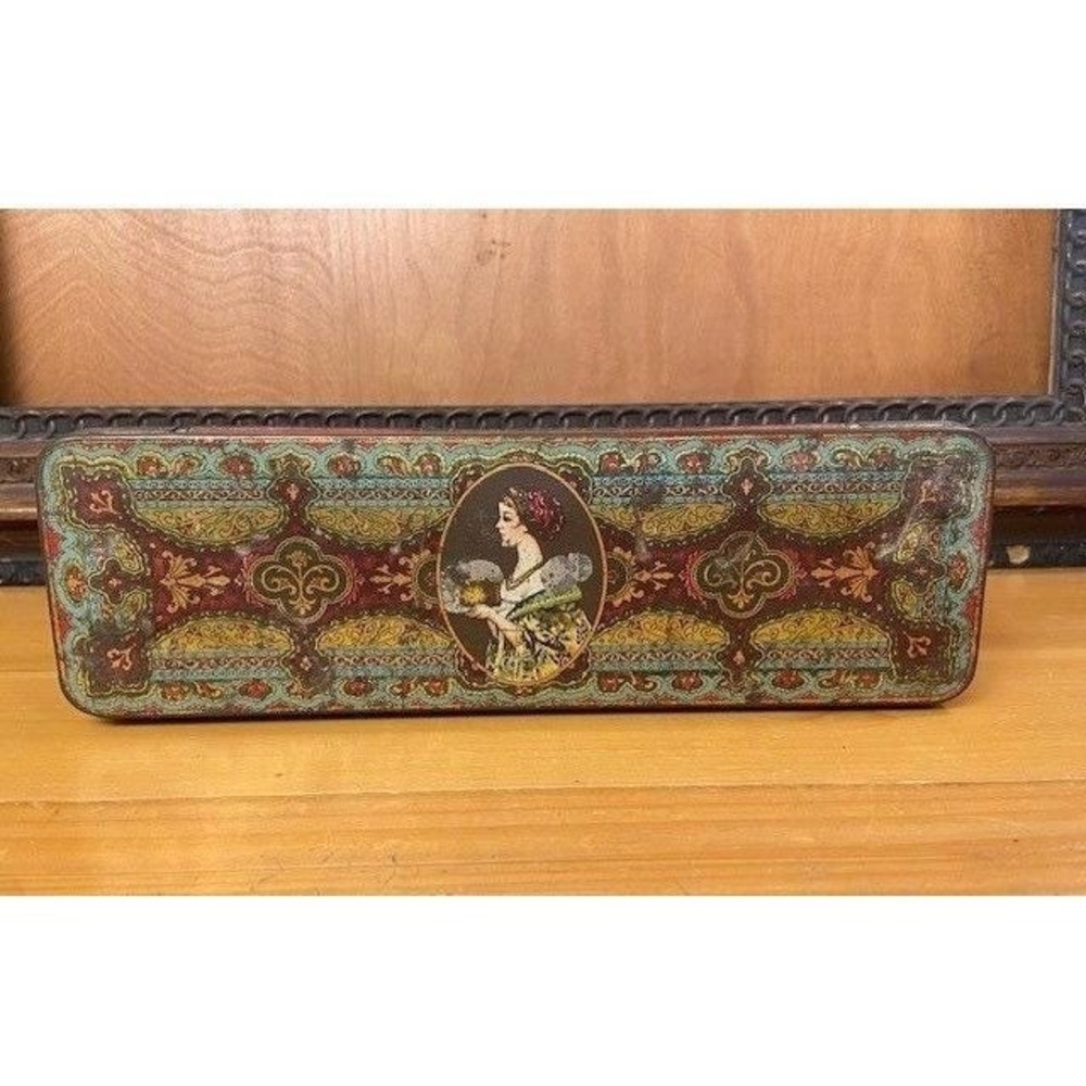 Vintage Hostess Fruit Cake Tin Ornate Portrait Lithograph 2lb Metal Box Decor